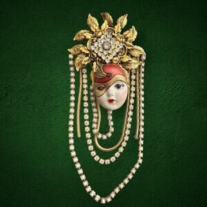 Rare Vintage EROS Marena Lady Face Brooch Gold Tone Rhinestone Pearl Dangle
